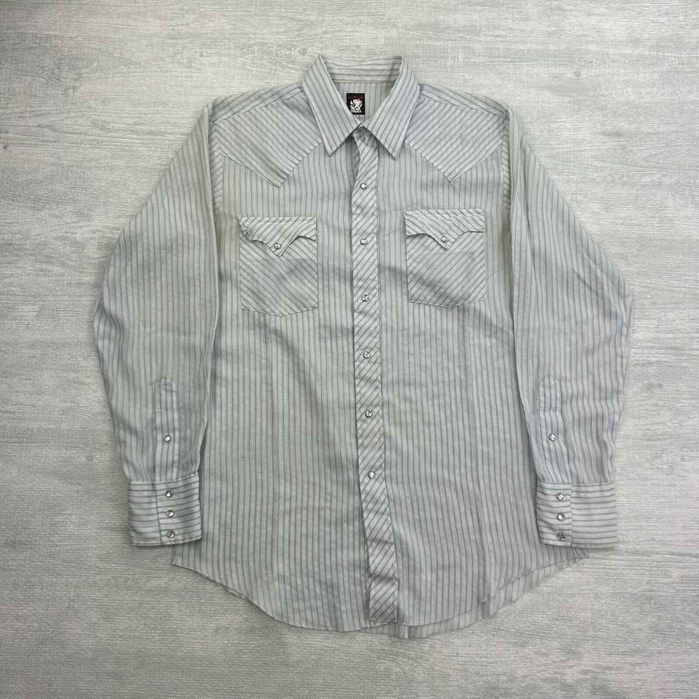 Vintage Karman Shirt Mens Large White Striped Pearl Snap Western Rodeo